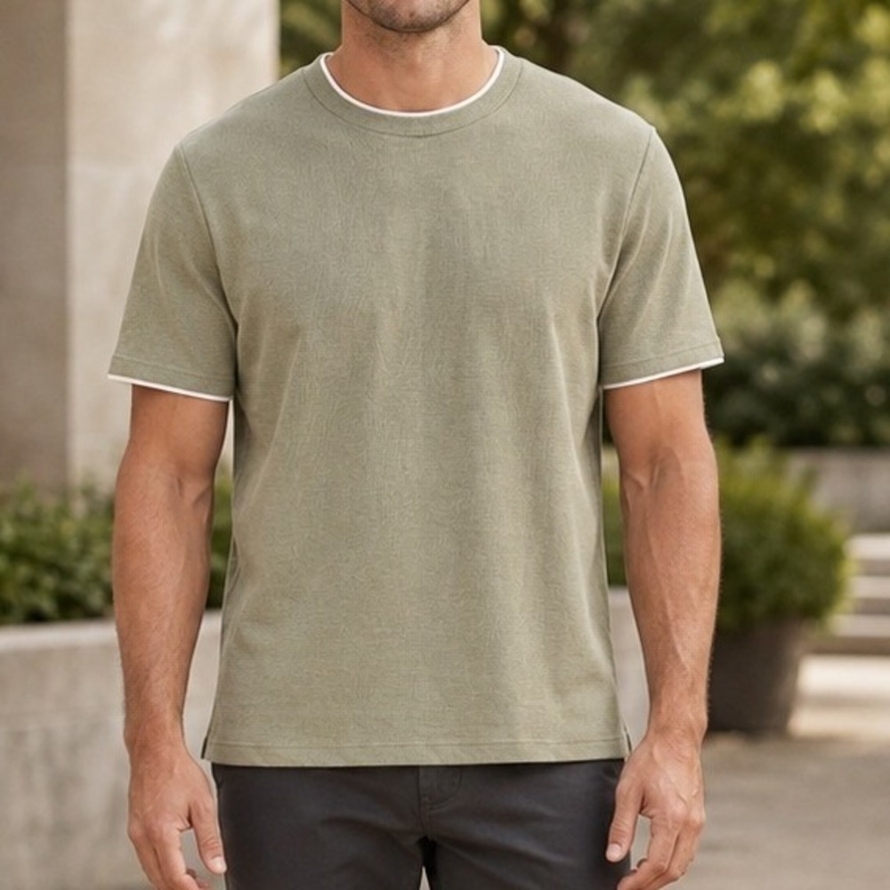 Cactus Man Ricky Singh Sage Green Waffle Knit Double Layer Trim Tee Shirt Mens L